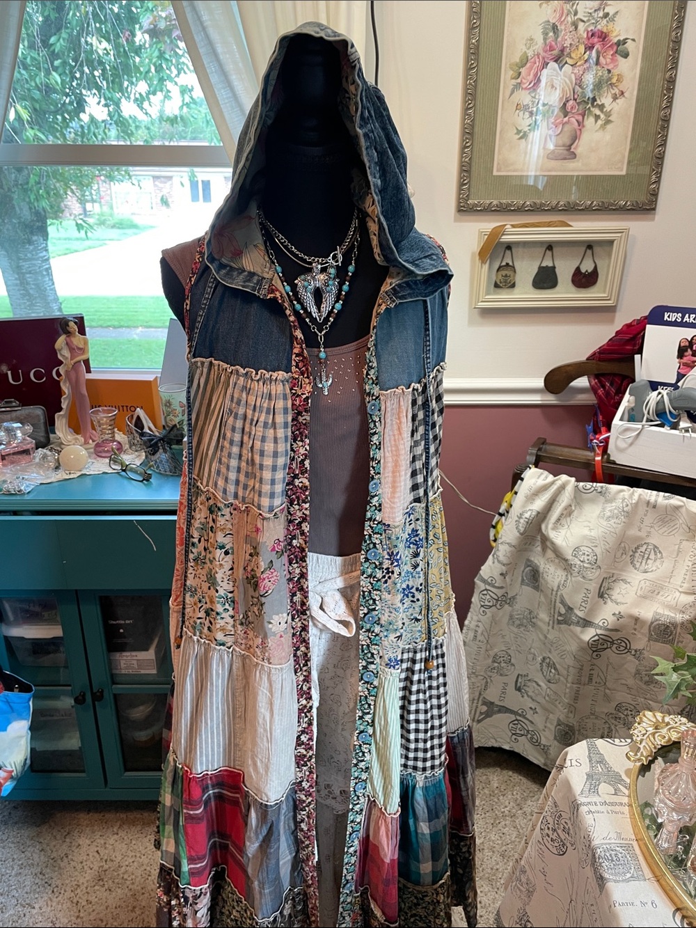 Boho Patchwork Hooded Long Duster /Dress - Multicolor Young Threads - Picture 14 of 17